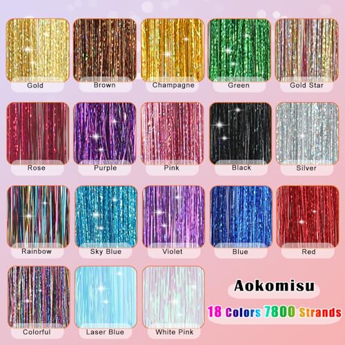 Hair Tinsel, 18 Colors 7800 Strands 48 Inch Glitter Tinsel Hair Extensions Kit Heat Resistant Daily Use Festivals Shiny Fairy Hair Accessories for Girls Kids Women (18 Colors)
