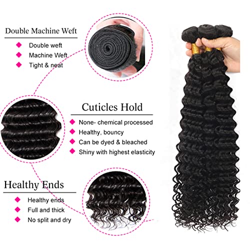 Deep Wave Bundles with Closure Human Hair (20 22 24+18 Closure) 4x4 Curly Lace Closure with Baby Hair Natural Color Pre Plucked 3 Bundles and Closure 100% Unprocessed Brazilian Virgin Remy Hair