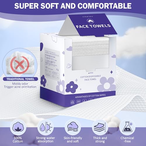 Face Towels, Disposable Face Towelette, Makeup Remover Dry Wipes 100 Count(2 Box), Soft Cotton Dry Wipes Facial Cloths Towelettes for Washing and Drying, Facial Tissue for Cleansing, Skincare