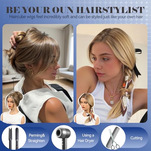 HAIRCUBE Human Hair Wig Lace Front Wig Glueless Wigs Layered Shoulder-Length HairWigs for Women, Brown with Blonde Highlights, Human Hair Blend, 13"¡¿5"¡¿1" HD Lace, 18 Inch Daily Use