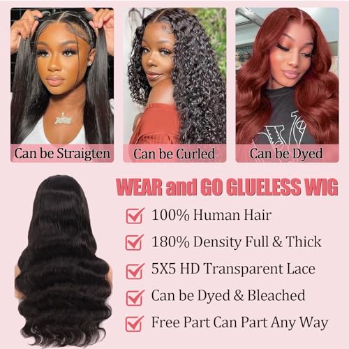 32 Inch 5x5 Body Wave Closure Wig Wear and Go Glueless Lace Closure Wig Pre Plucked Pre Bleached Pre Cut for Beginners 180% Density Body Wave Lace Front Wigs for Black Women Natural Black