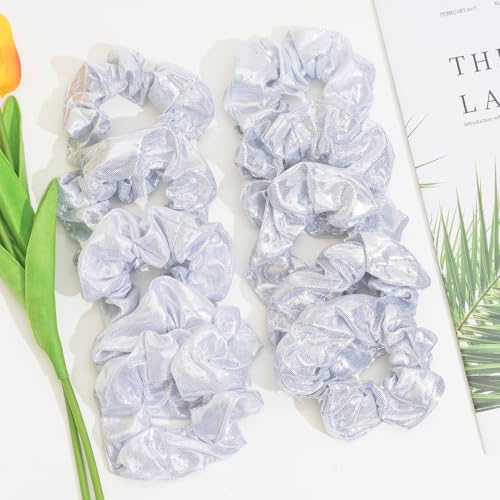 24 PCS Shiny Metallic Hair Scrunchies Bulk, Cheer Scrunchies Hair Accessories Cheerleading Hair Ties Elastics for Women Cheerleading Teams (Silver)