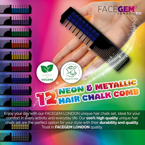 12 Hair chalks comb, 12 NEON & METALLIC hair chalk, Non-Toxic Easy Washable Hair Dye Colourful, METALLIC & NEON hair chalk -Perfect for Festivals, Halloween, Party, hair chalks for girls