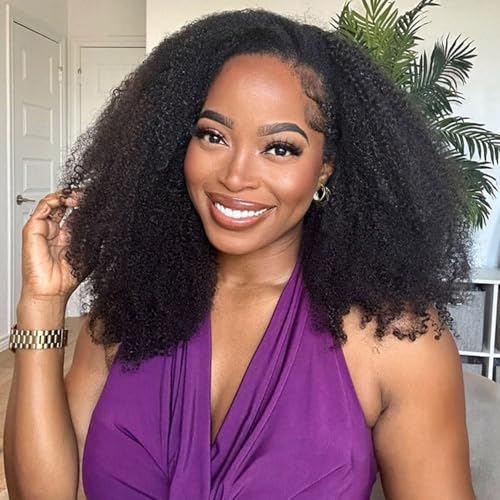 BGM GIRL Half Wig Human Hair Kinky Curly 3 in 1 Wigs Beginner Friendly Flip Over Drawstring Glueless Wig Kinky Curly Ready to Go Seamless Clip in Wigs Natural Black Color 16 Inch