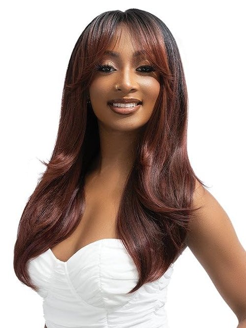 Janet Collection melt VEIL BANG HD 360 HUMAN HAIR BLEND PRIME UNIMIX Hand-Tied 13X6 Frontal with HD 360 Glueless Transparent Lace BATA Wig (COLOR #DR LATTE)