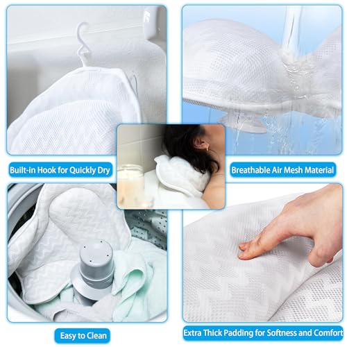 Expandable Folding Bathtub Tray and Tub Pillow, with Handmade Shower Cap and Bathing Luffa Noodle 2-Piece Set