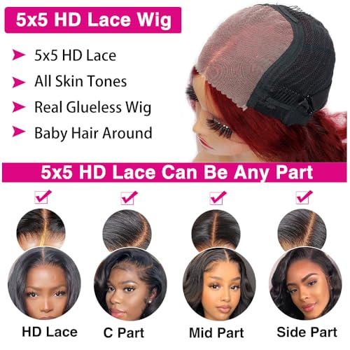Glueless Wigs Human Hair Pre Plucked Pre Cut 5x5 Body Wave Lace Closure Wigs Human hair 250 Density Colsure Wigs for Women Ready to Wear Wig 99j Burgundy 22 Inch