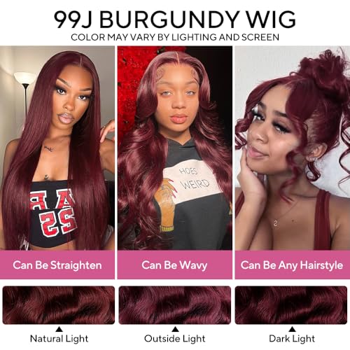 SUPERNOVA 99J Burgundy Lace Front Wigs Human Hair 4x4 HD Straight Wigs with Baby Hair 180% Density Red Wine Colored Wigs for Women 22 Inch