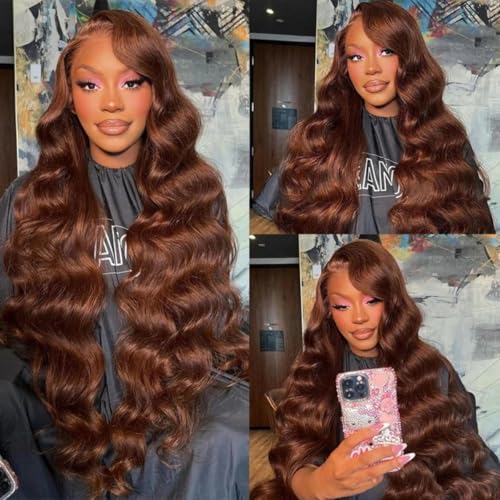 HC 20inch Chocolate Brown Lace Front Wig 13x6 HD Body Wave Human Hair Brown Human Hair Wig 200% Density Pre Plucked Glueless Brown Wig human hair for Women£¨20inch£©