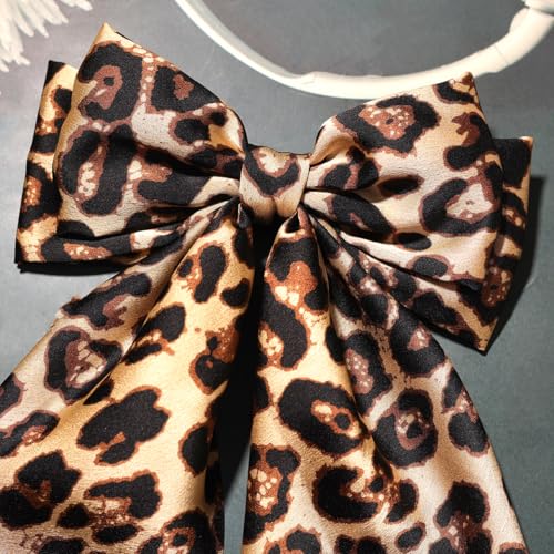 Furling Pompoms Hair Bows for Women Big Bow Hair Clips for Girls Long tail Hair Ribbon Satin Leopard Hair Bow Barrette Cute Hair Accessories Gifts, Pack of 2 (Camel)
