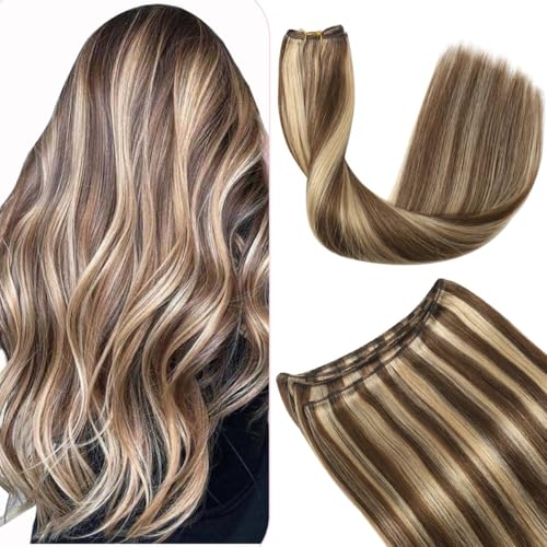 Sindra Weft Hair Extensions Chocolate Brown Mixed Caramel Blonde Sew in Extensions Real Human Hair 22 Inch 100g/pack Double Weft Silky Straight (wt#4p27 22inch)