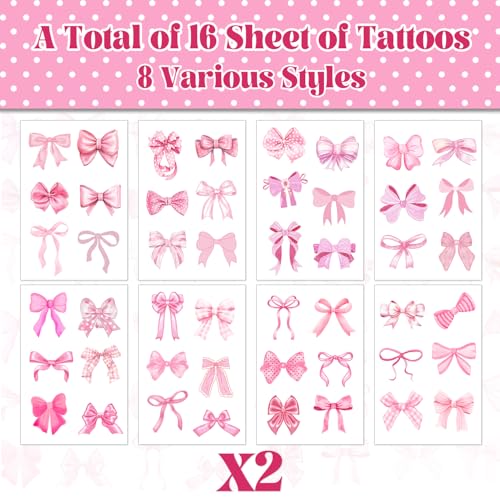 96 PCS Pink Coquette Bows Temporary Tattoos Stickers, Pink Bow Party Favors Coquette Bow Birthday Party Decorations Supplies for Adults Women, 16 Sheets