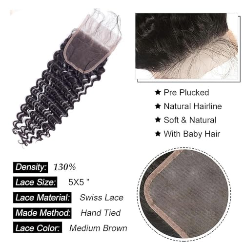 Deep Wave Bundles with Closure Human Hair 18 20 22 24 inch Human Hair Bundles with Closure 16 inch 5x5 HD Lace Free Part 100% Unprocessed Virgin Hair Natural Color Soft