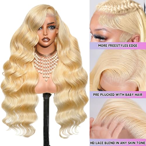 613 13x6 Lace Front Wig Human Hair 32 Inch Body Wave Blonde Wig Human Hair 13x6 200 Density HD Lace Front Wigs Real Human Hair Pre Plucked with Melted Hairline Tiny Knots Tangle Free Shedding Free