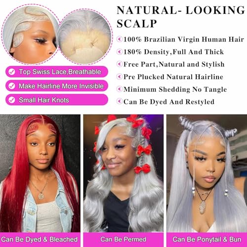 Long 32 Inch Silver Grey Lace Front Wigs Human Hair 13x4 Straight Grey HD Transparent Lace Front Wig Human Hair Wear and Go Glueless Wig Pre Plucked with Babyhair Hd Lace Frontal Wigs For Black Women