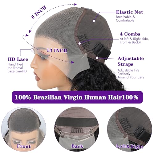 13x6 Deep Wave Lace Front Wigs Human Hair 200 Density Pre Plucked HD Transparent Lace Frontal Wigs Deep Curly Wet and Wavy Glueless Wigs for Women£¨ 24 inch £¬ Natural Black£© (Black, Long)
