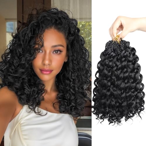 GoGo Curl Crochet Hair,12inch Pre Looped Water Wave Beach Curl Ocean Wave Crochet Braiding Hair,8pcs Box Braids Short Curly Crochet Hair for Black Women (12inch,#1B)