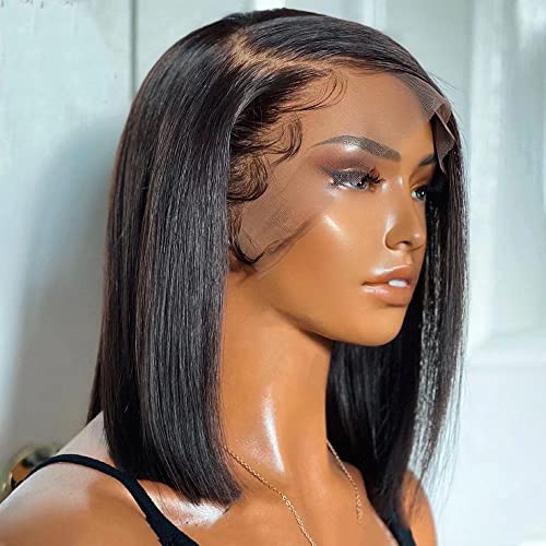 HD Transparent Lace 13X6 Deep Side Part Short Bob Human Hair Wigs Pre Plucked Bleached Knots 150% Density Short Bob Lace Front Wigs For Woman HD Invisible Lace Wigs (8 Inch, Bob Straight)