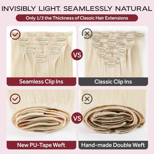 Clip in Hair Extensions Real Human Hair Seamless Clip Ins 100% Remy Hair Extensions PU Skin Weft Add Volume Ash Blonde Highlights Thick&Invisible #P18/613 16Inch 120G 8PCS