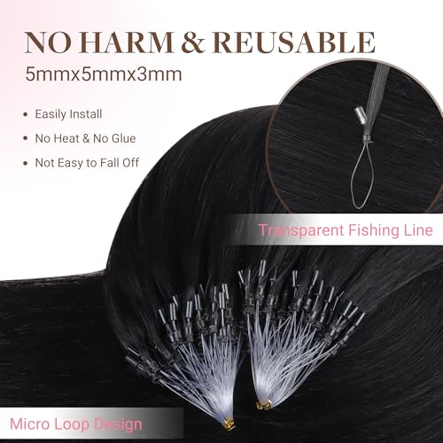 GOO GOO Micro Link Hair Extensions Real Human Hair, Upgraded 100g 100S, 22 Inch Cold Fusion Microlinks, Invisible Remy Hair, Jet Black