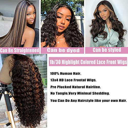 28 Inch Highlight Ombre Lace Front Wig Human Hair Highlight 1B/30 Black Brown 13x4 HD Lace Frontal Wigs Pre Plucked With Baby Hair Deep Wave Honey Blonde Human Hair Wigs for Black Women 180% Density