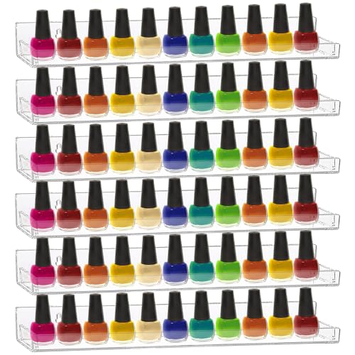 6 Pack Nail Polish Rack, Wall Mounted Organizer Shelf With Removable Anti-slip End Inserts, Clear Acrylic Display Holder for 90 Bottles
