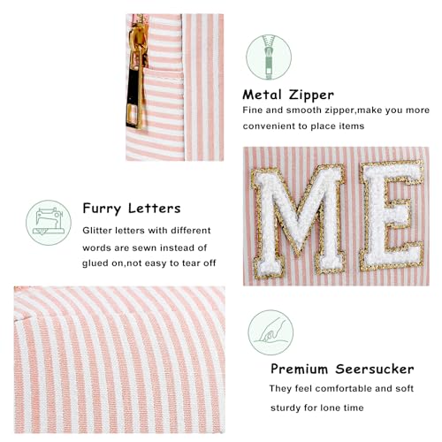 uekeboag Seersucker Chenille Letter Stuff Meds RX Makeup Bag, Travel Washable Purse Organizer with Zipper, Lightweight Toiletry Cute Personalized Preppy Cosmetic Bag For Women and Girls(3pcs Pink)