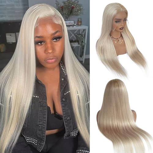 13x6 Platinum Blonde Lace Front Wig Human Hair, Deep Ear-to-Ear HD Lace Frontal Human Hair Wigs 24 Inch Platinum Blonde Wig 180% Density Straight Platinum Lace Front Wigs for Women Pre Plucked