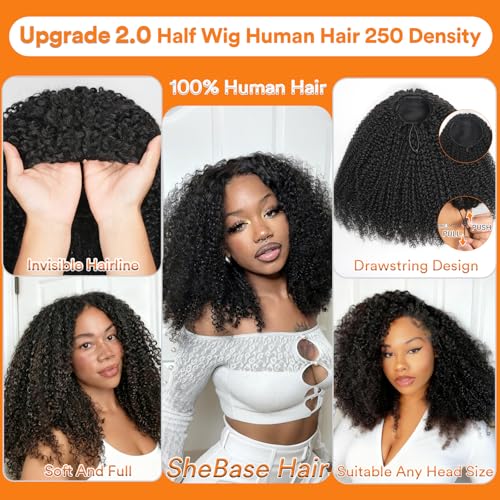 Kinky Curly Half Wig Human Hair 250% Density 16 Inch Burmese Kinkycurly Wig Human Hair,3 In 1 Seamless Flip Over Drawstring Ponytail Headband Wig Human Hair Glueless Wear and Go