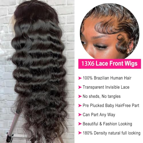 Bling Hair 13x6 Deep Wave Lace Front Wigs Human Hair 180% Density Glueless Wigs Pre Plucked Lace Frontal Wigs Human Hair HD Lace Frontal Wigs Natural Hairline Curly Wig for Women 34 Inch