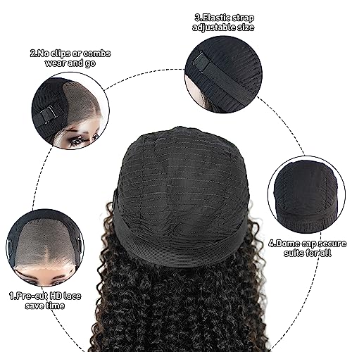 Wear and Go Kinky Curly Glueless Wig Human Hair, 6x4 Pre-Cut HD Lace Glueless Wigs Pre-Plucked, Transparent No Glue Lace Front Closure Wigs for Women 200% Density 26 inch