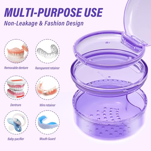 Denture Case, 2PCS Retainer Case with Strainer Basket, 2 in 1 Denture Bath Case No-Leak Retainer Cleaner Case, Retainer Holder for Travel, Mouth Guard Case for Dentures, Clear Braces, Night Guard