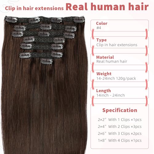 human hair clip in extensions,Soft&Natural 120g 7pcs hair extensions real human hair clip insHair (14 Inch, #4 chocolate brown)