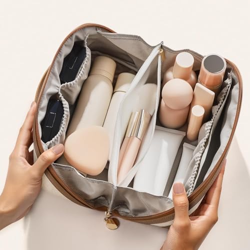 mibasies Flat Lay Travel Makeup Bag for Women, Dual-Zipper Cosmetic Bag, Large Capacity Toiletry Bag with Handle