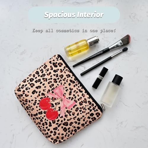 Leopard Print Cherry Makeup Bag,Cosmetic Bag for Women, Large Capacity Toiletry Bag,Zipper Pouch, Travel Accessories Storage with Lining
