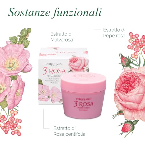 L'Erbolario Body Cream - Moisturizing Body Butter for Dry Skin - Prevents Skin Aging - Firming Skin Care with Floral and Spicy Scent - 3 Rosa - 6.7 oz