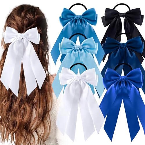 6Pcs Bow Hair Ties Non-Damage Ponytail Holders Hair Bows Ribbon for Women Fashion Bows Accessories for Girls Elastic Hair Bands(White/Blue/Black)