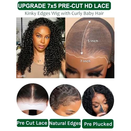 KLAIYI Kinky Edges Curly Bye Bye Knots Glueless Wig 7x5 Pre Cut Lace Front Wigs Human Hair Pre Bleached Pre Plucked 30 Easy to Wear and Go 4C Deep Wave Ready to Wear Wig with Curly Baby Hair 20Inch