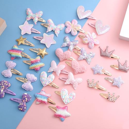 16 Pcs Hair Clips for Teens,Sparkly Metal Snap Barrettes, Cute Glitter Toddler Flower/Star/Crown/Heart/Butterfly Hair Accessory Multicolor Shaped Hair Accessories