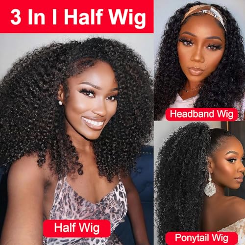 Kinky Curly Half Wig Human Hair 200% Density Curly 3 In 1 Half Wig Seamless Drawstring Wear Go Glueless Wigs Human Hair for Women Headband Wig Beginner Friendly