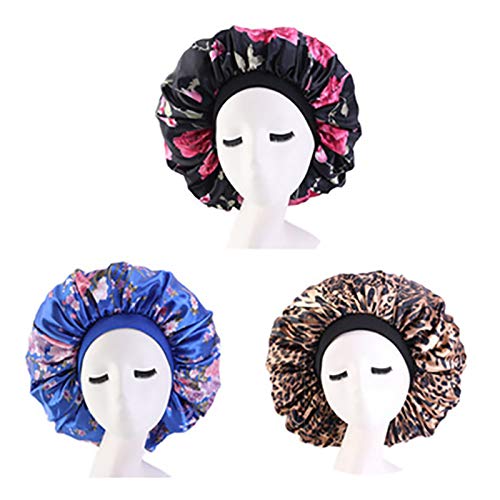 Deepth 3 Pieces Extra Large Printed Sleep Cap Jumbo Cap Large Satin Bonnet with Comfort Elastic Band