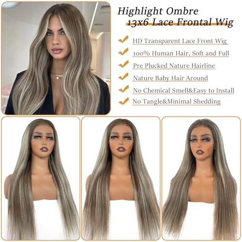Straight Highlight Blonde 13X6 HD Lace Front Wigs Human Hair for Women 22 Inch Ombre Ash Brown Mixed 613 Bleach Blonde Deep Part Glueless Lace Frontal Wigs 180 Density Pre Plucked with Baby Hair