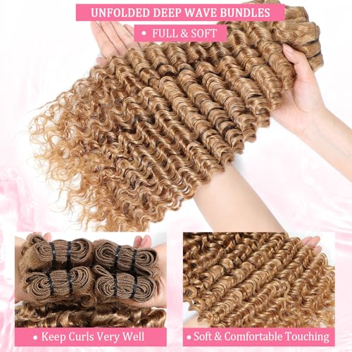 Honey Blonde Deep Wave Human Hair Bundles For Women 28 Inch 27# Color Human Hair Bundles Wet and Wavy 12A Blonde Deep Curly Hair One Bundle