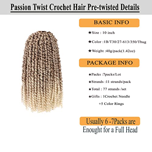 Short Passion Twist Hair 10 Inch 27/613 Ombre Blonde Pre-twisted Passion Twists Crochet Hair Pre-looped Curly Crochet Hair for Black Women (7Packs,27/613)