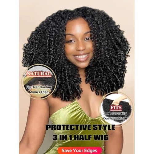 Burmese Curly Half Wigs for Black Women 24 Inch 3 In 1 Half Wig Human Hair Drawstring Fit Flip Over Wig Human Hair Glueless Headband Wigs for Beginner Natural Hairline Leave Out with Curly Edges