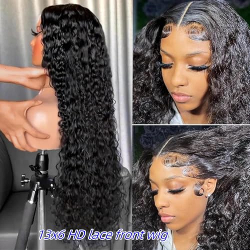 13x6 Deep Wave Lace Front Wigs Human Hair 220 Density HD Transparent Pre Plucked Deep Curly Frontal Wigs Human Hair for Women Natural Black 32 Inch