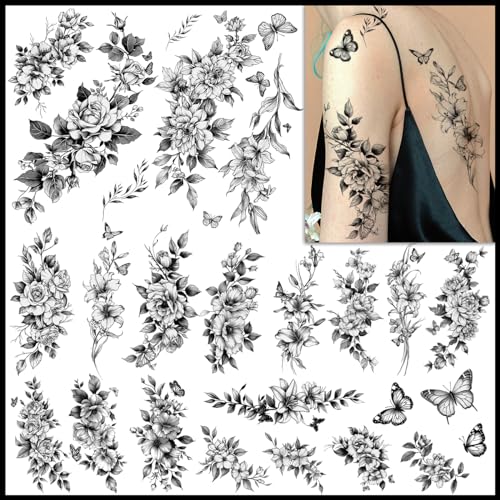 CHARLNET Realistic Flower Temporary Tattoos for Women - 9 Large Sheets Flower Rose Tattoos For Women Body Art Arm Chest Legs Shoulder
