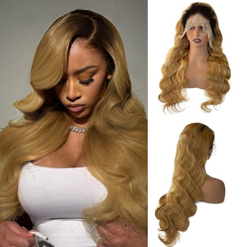 13x4 Ombre HD Transparent Lace Front Wigs Human hair Pre Plucked Brazilian Body Wave Frontal Wigs Remy Human Hair with Baby Hair Natural Hairline,1b/27 32Inch