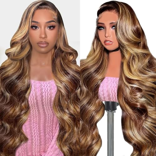 Ombre Lace Front Wig Human Hair 13x6 Body Wave HD Lace Front Wigs Human Hair Pre Plucked Honey Blonde Highlight HD Lace Frontal Wig 13x6 200 Density Colored 24 Inch