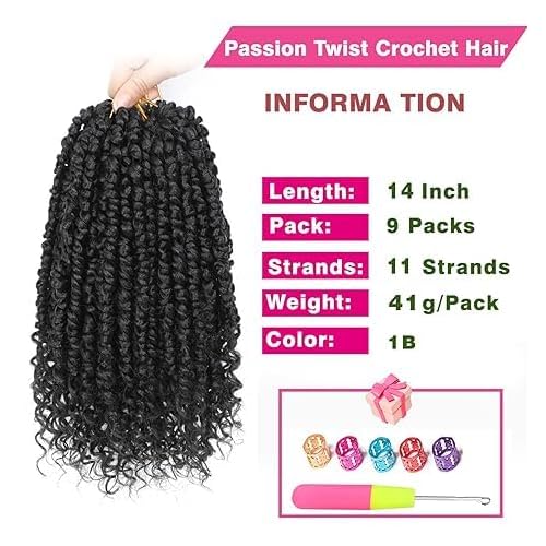 9 Packs Passion Twist Crochet Hair 14 Inch Pre Looped Crochet Passion Twist Hair Pre-twisted Passion Twist Hair Bohemian Short Passion Twist Crochet Braids Hair for Women Girls and Kids (14Inch,1B)